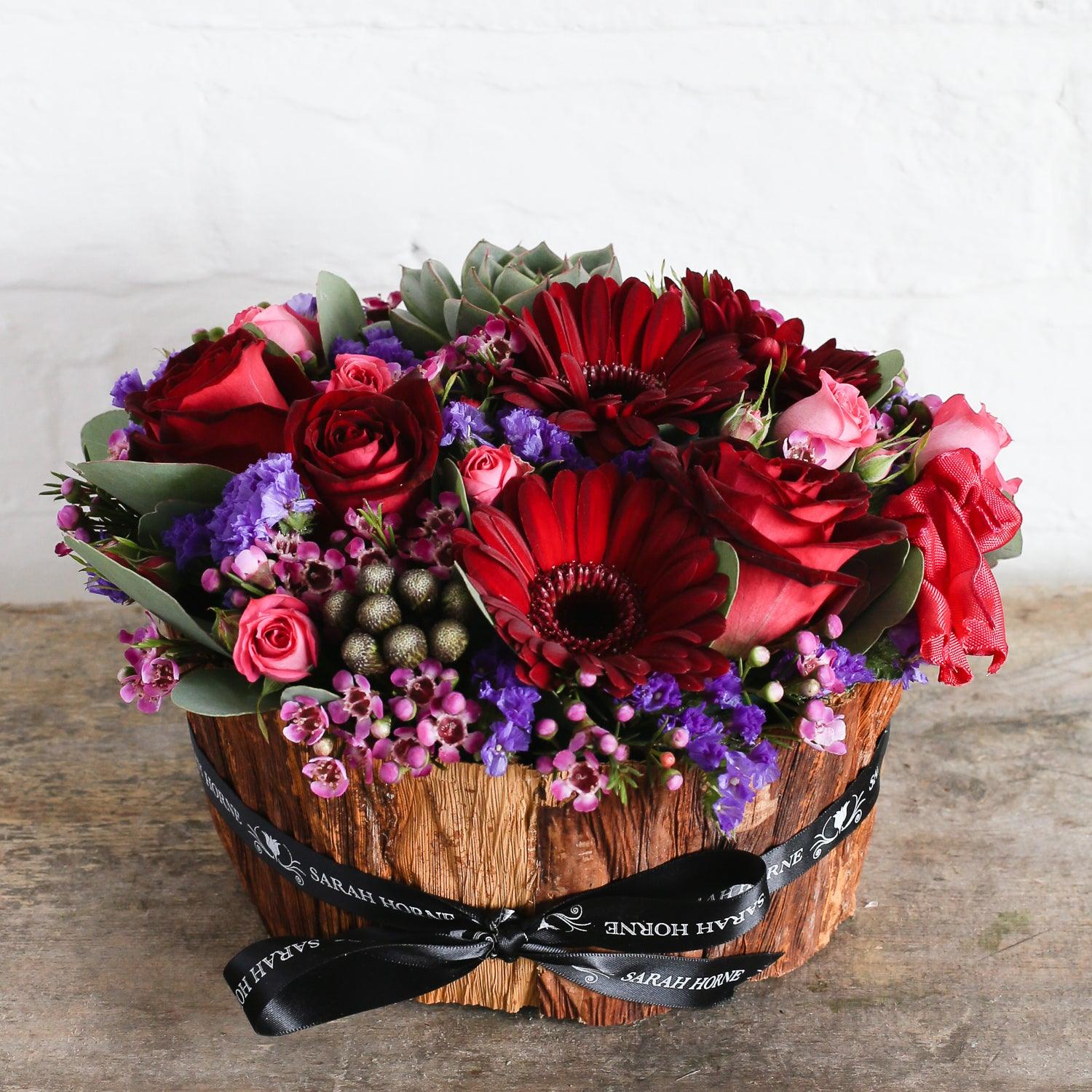 Red and purple flower arrangement