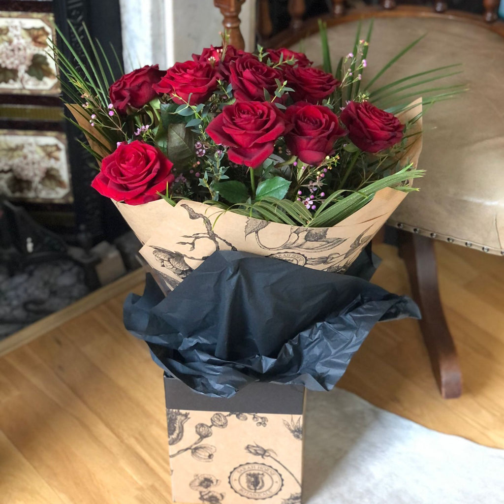 12 luxury long stemmed red roses with Sarah Horne giftwrap and box