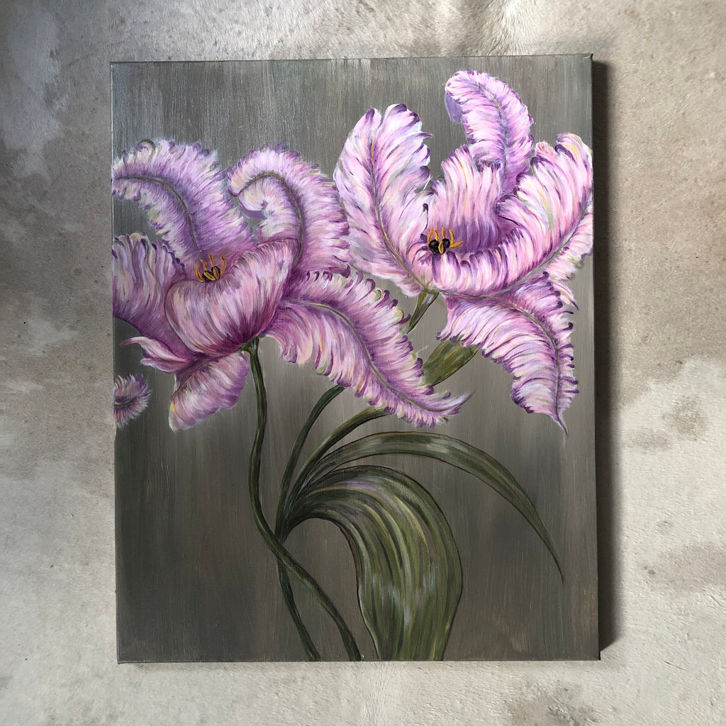 Two pink & Lilac Dancing Tulips Acrylic Painting - Sarah Horne Botanicals