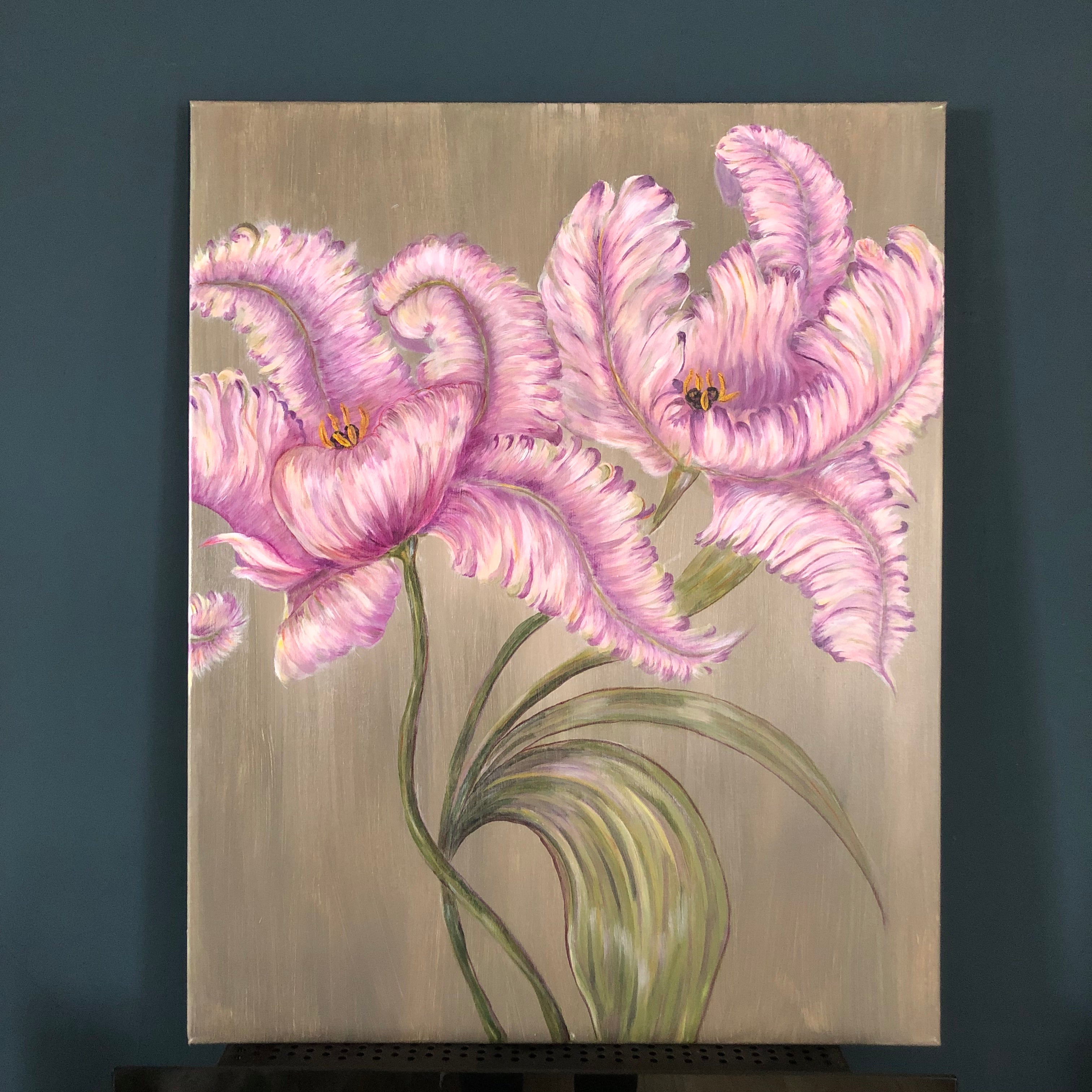 Two pink & Lilac Dancing Tulips Acrylic Painting