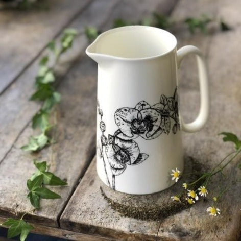 Fine bone china jug with Sarah Horne botanical orchid print.