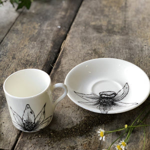 detail of the pattern across the saucer and the coffee can cup