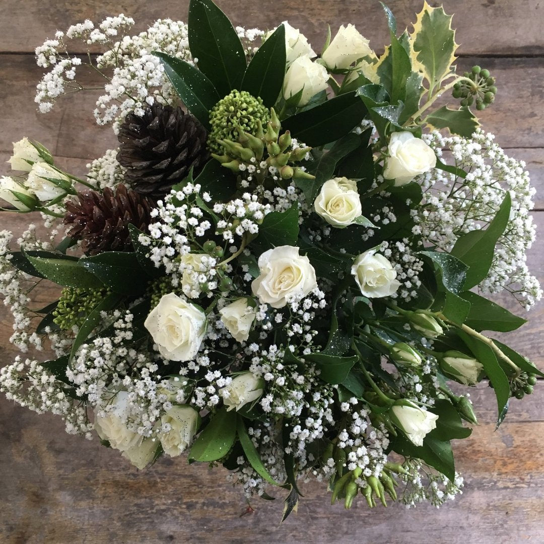 White roses and gypsophila Christmas bouquet 