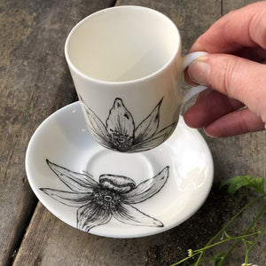 detail of the pattern across the saucer and the coffee can cup