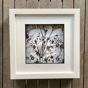 Detailed illustration of Freesia flowers and jasmine in a white frame. 