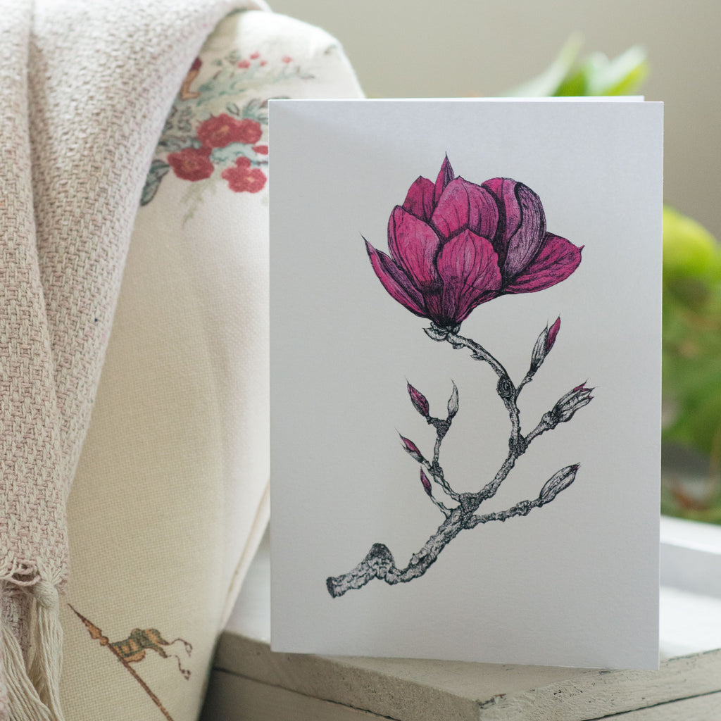 hand drawn magnolia with cerise detailing