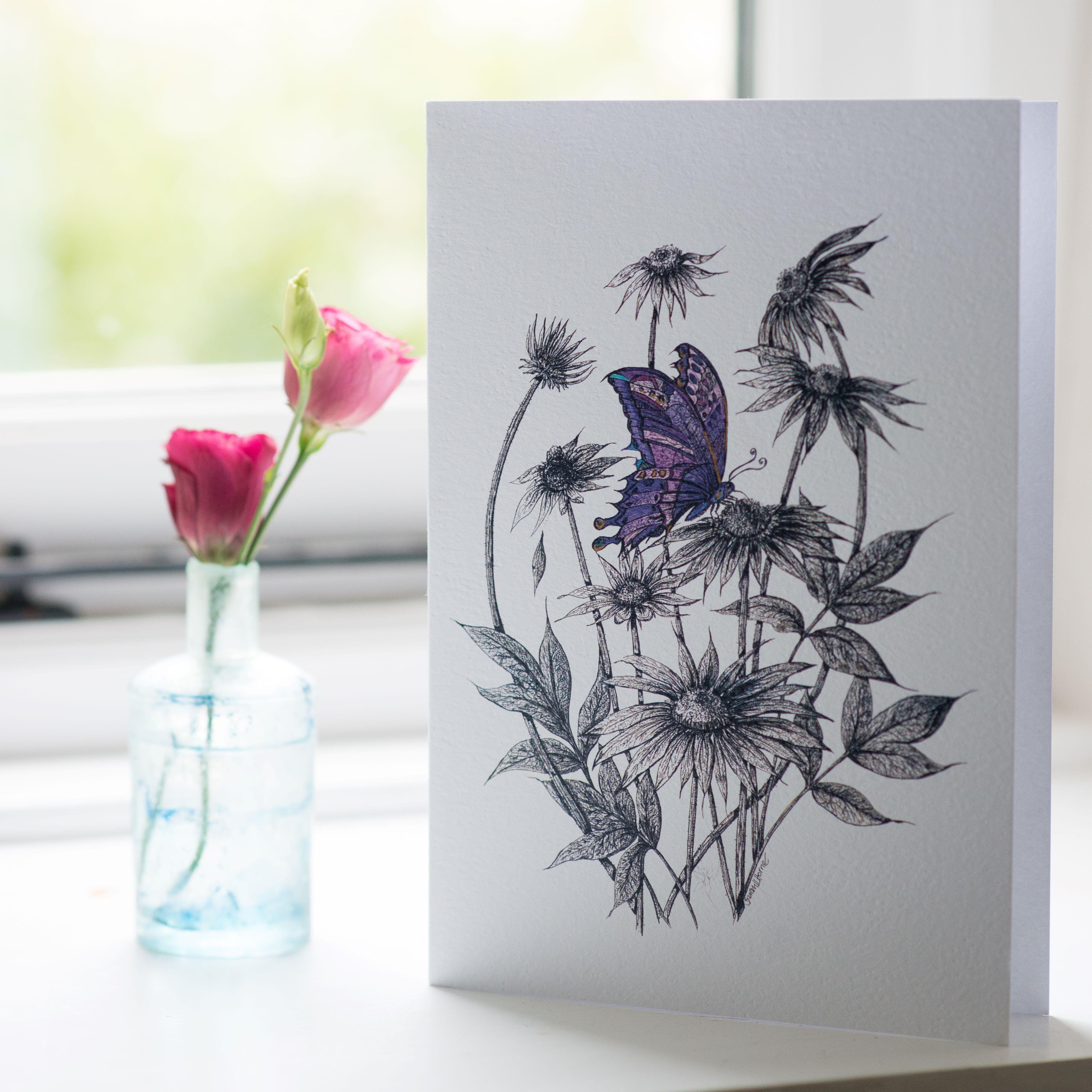 greeting card with detailed drawing of a purple butterfly on flowers 