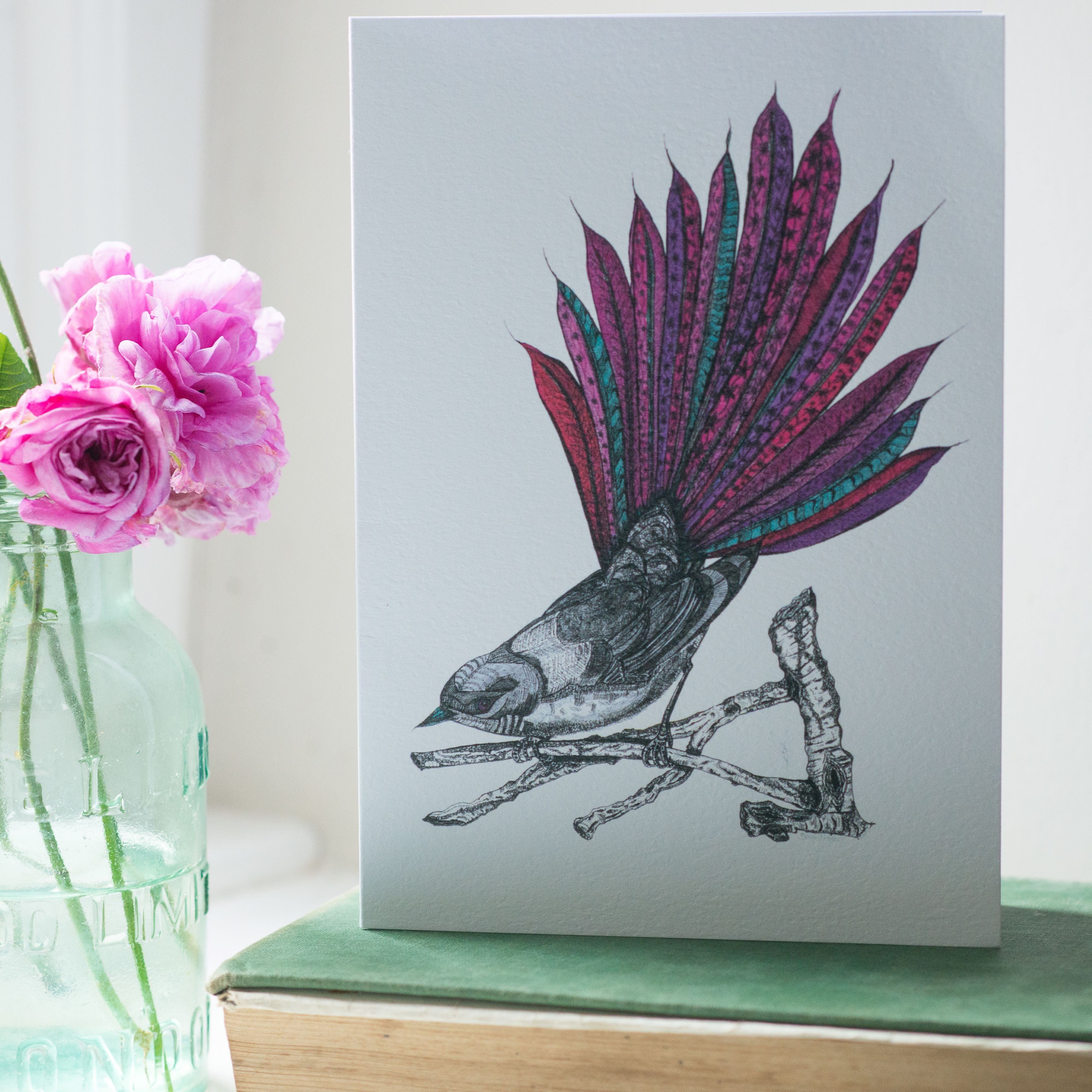 greeting card with detailed colourful fantail