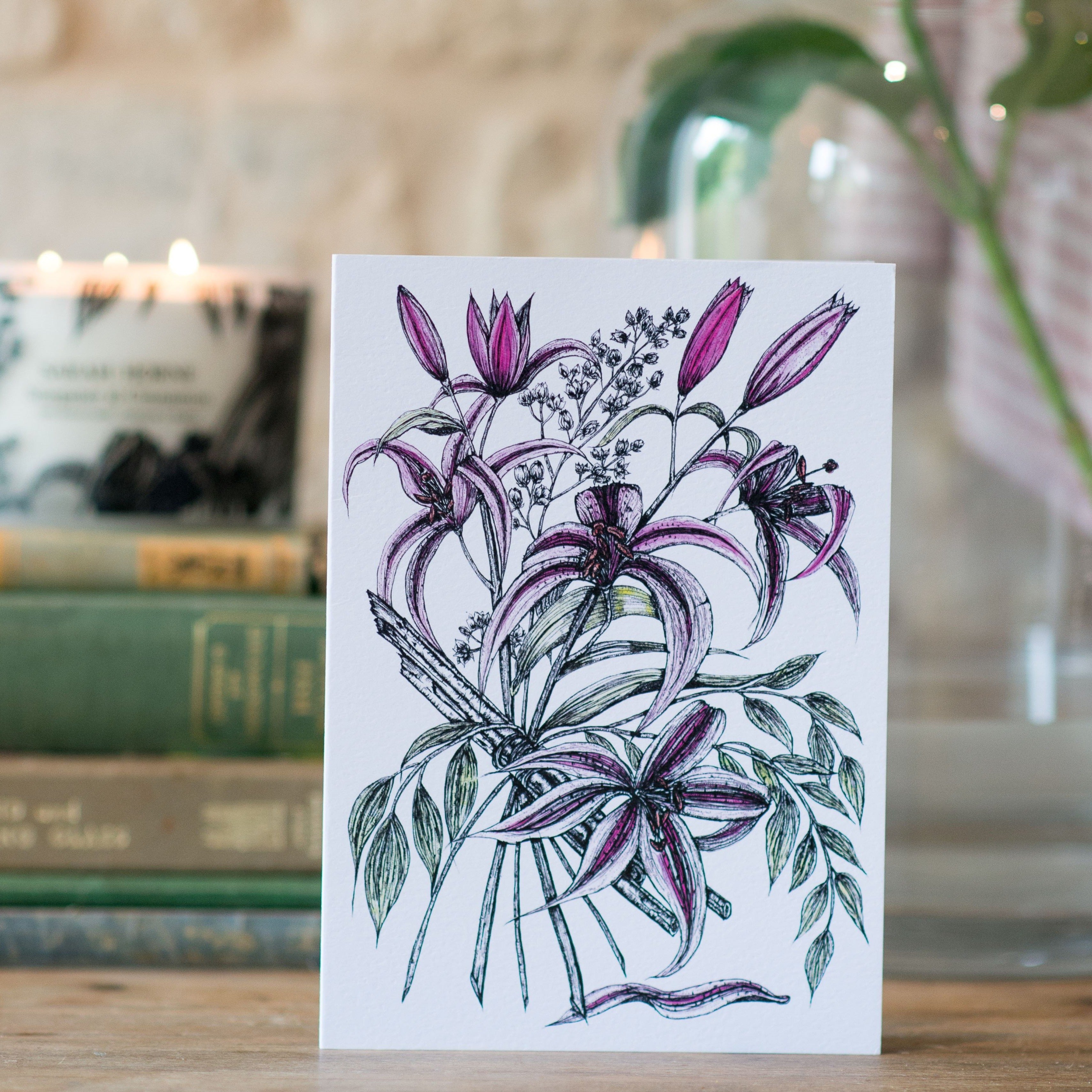 greeting card  with pink stargazer lilies 