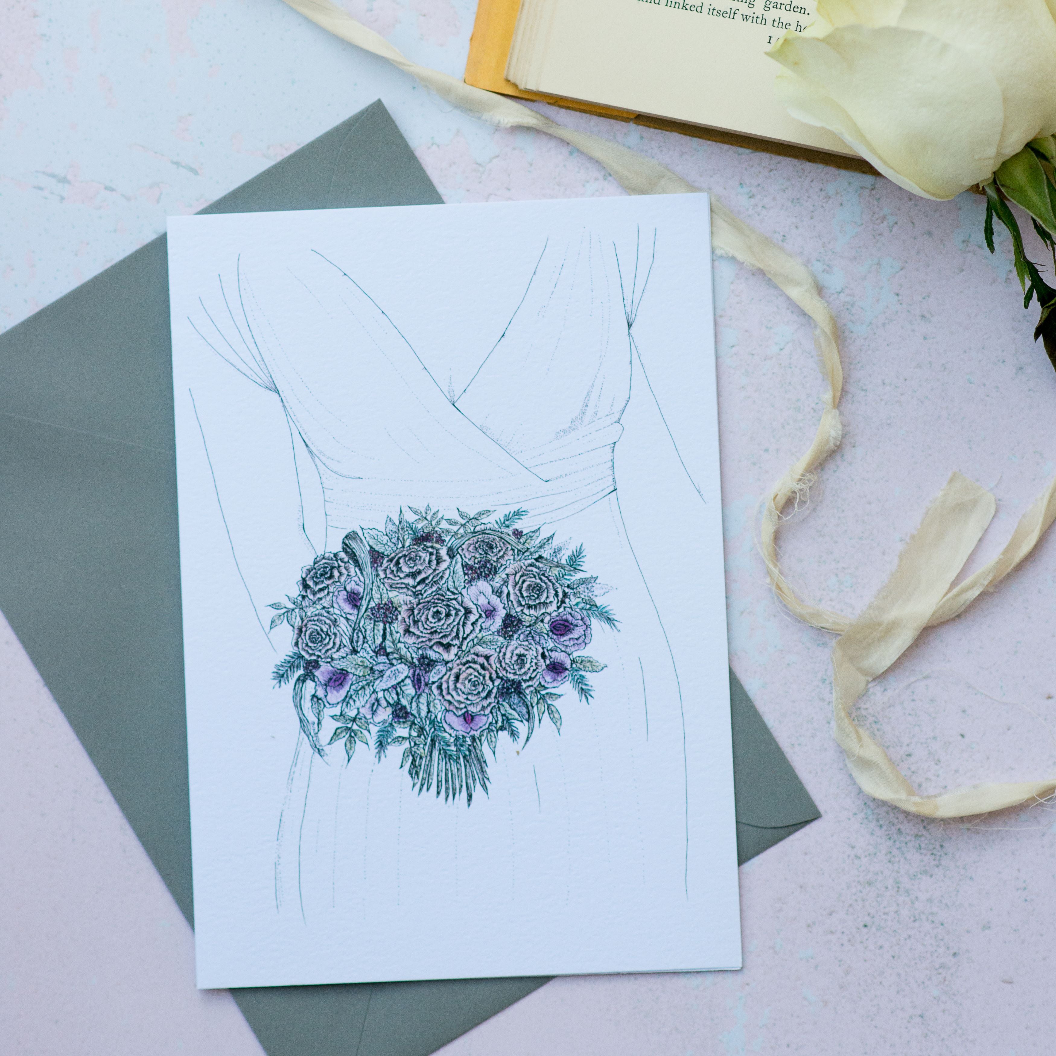 greeting card with detailed drawing of a wedding bouquet