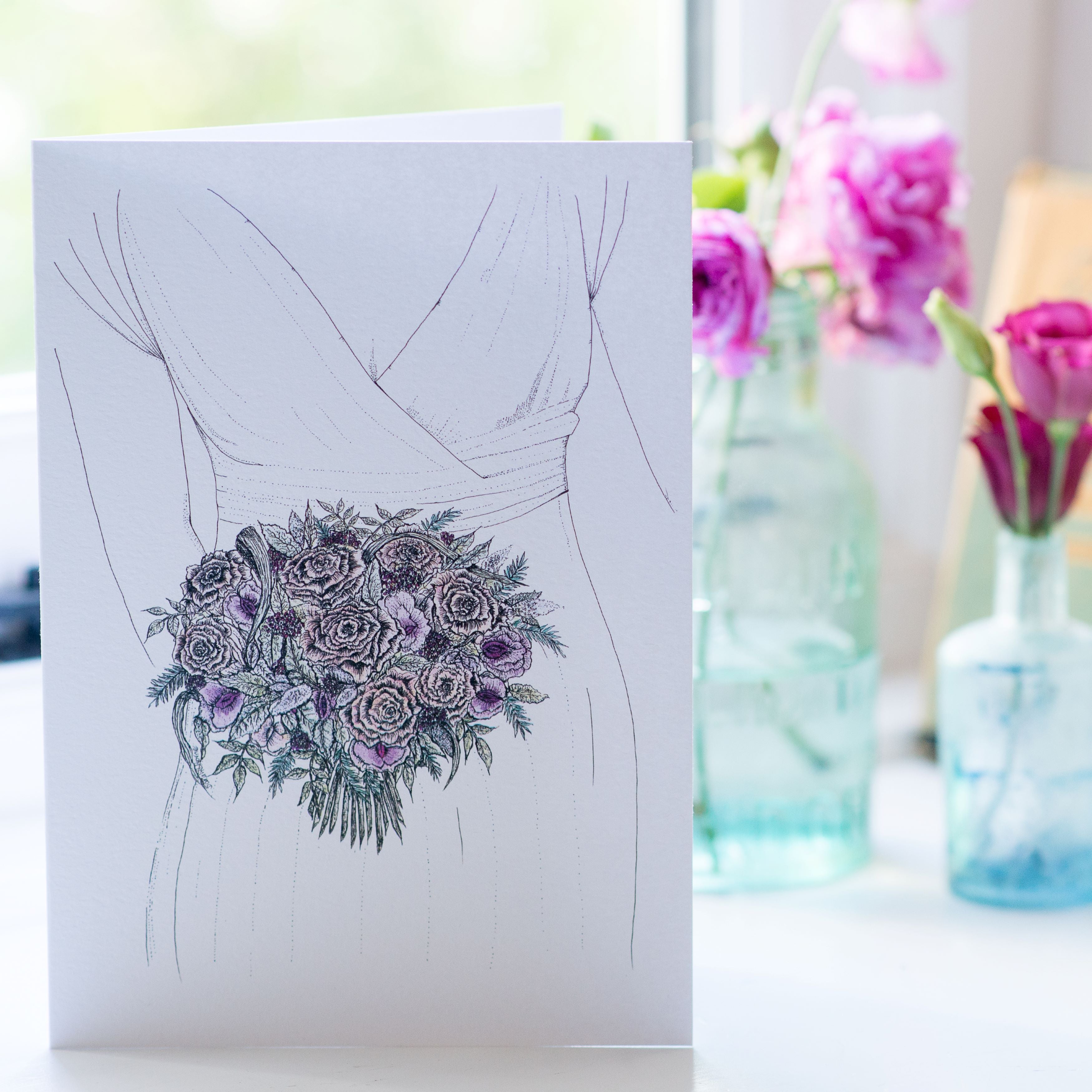 Greeting card with detailed drawing of a wedding bouquet