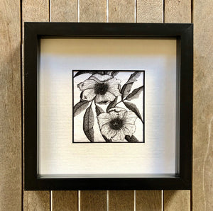 Detailed illustration of Hellebores in a black frame. 