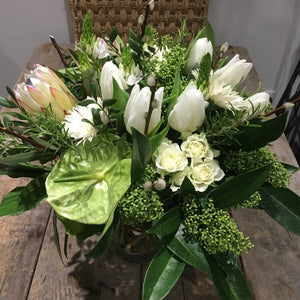 white roses, tulips and chrysanthemums.