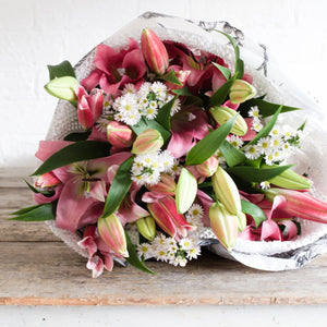 Pink Lilies and September flower relaxed bouquet gift