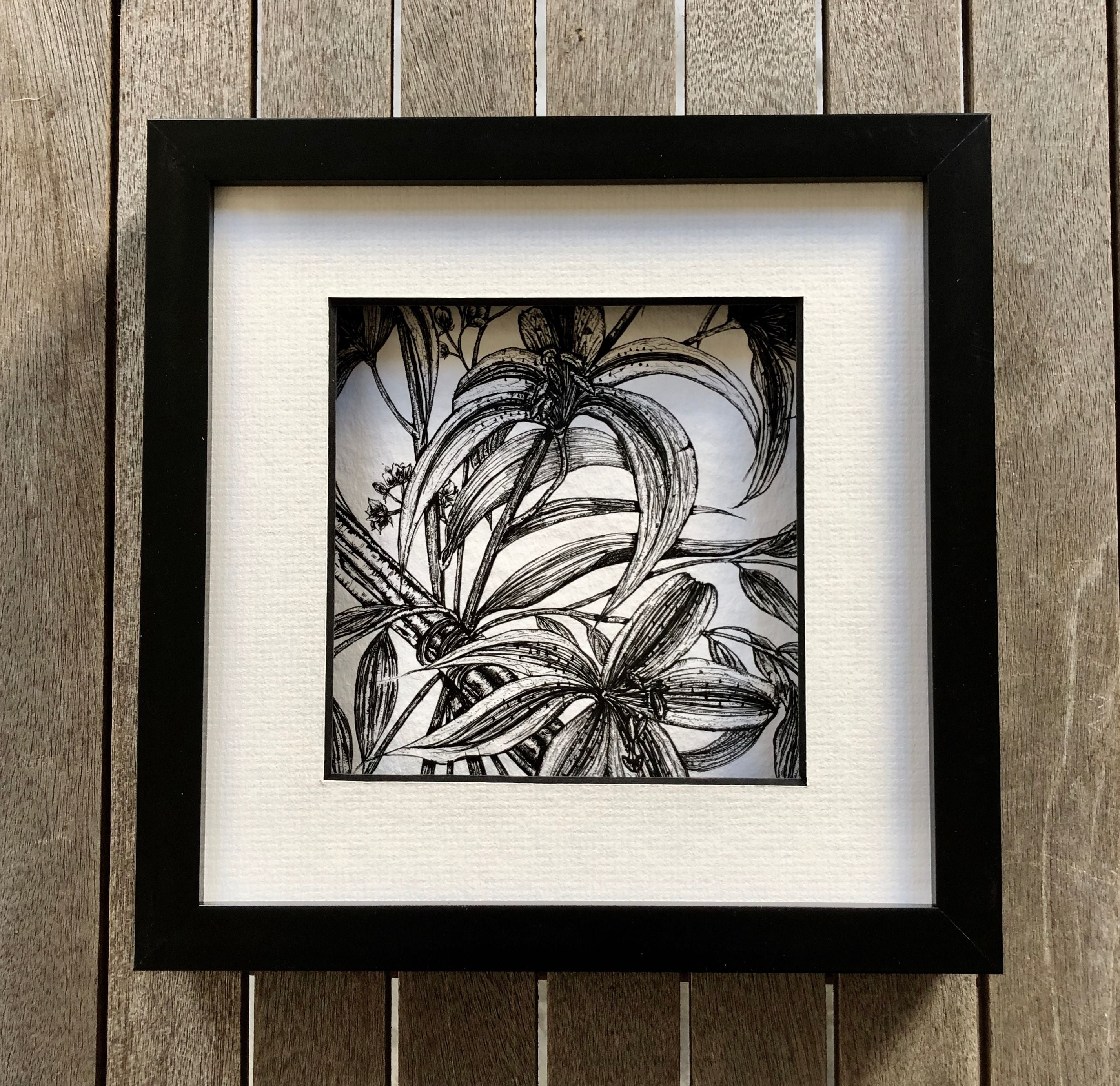 Detailed illustration of stargazer lilies and cinnamon in a black frame.