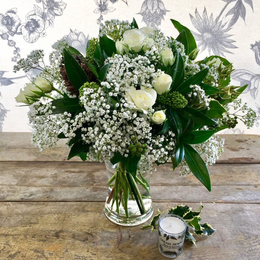 White roses and gypsophila Christmas bouquet 