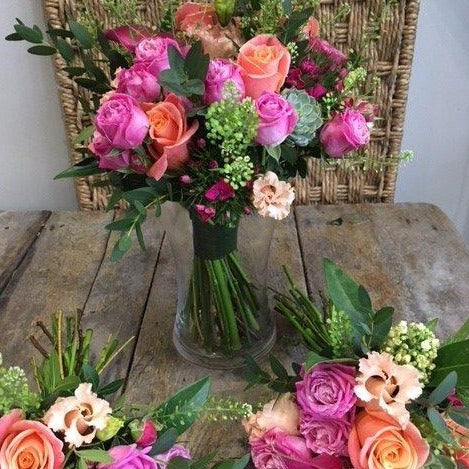 peach, pink, cerise and green bridal bouquet 