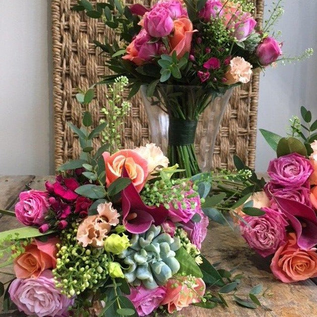 bridal bouquet with pink and peach roses