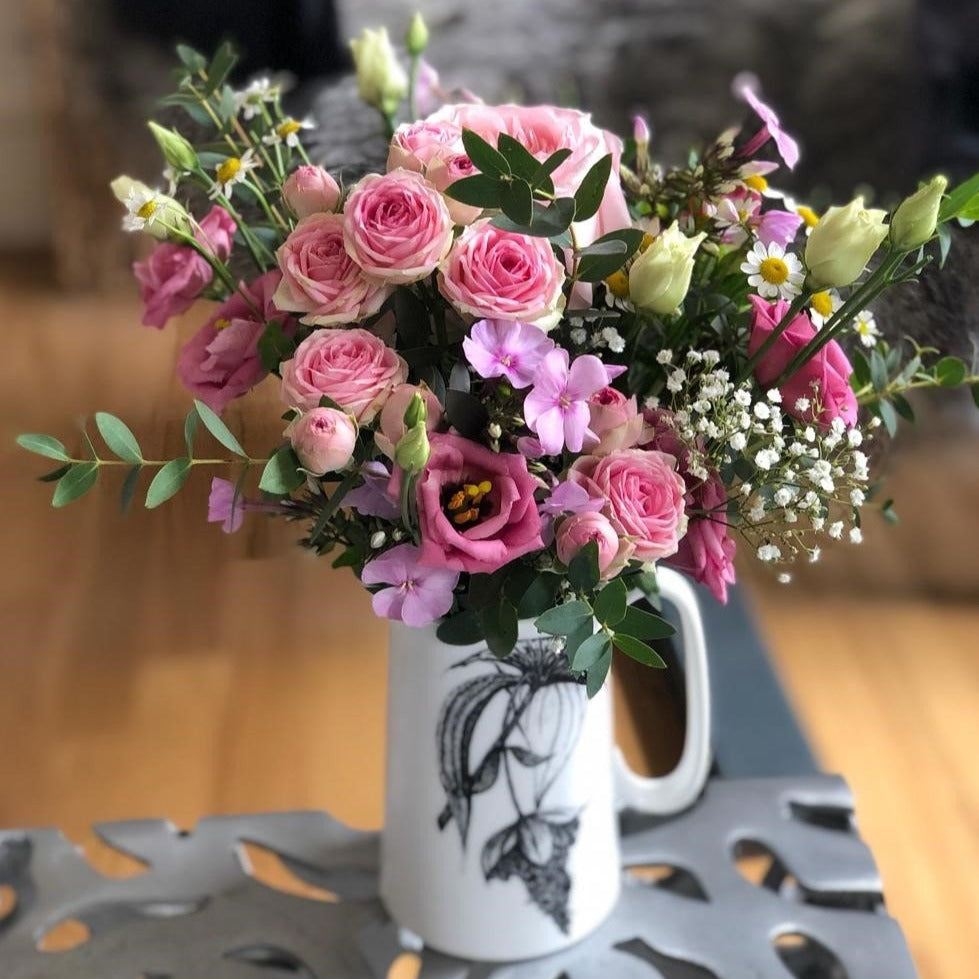 botanical print pint jug with pink flowers