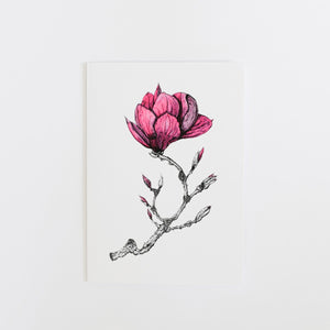 Illustraion of a cerise magnolia on a greetings card