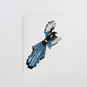 Greetings card with colourful magpie illustration 