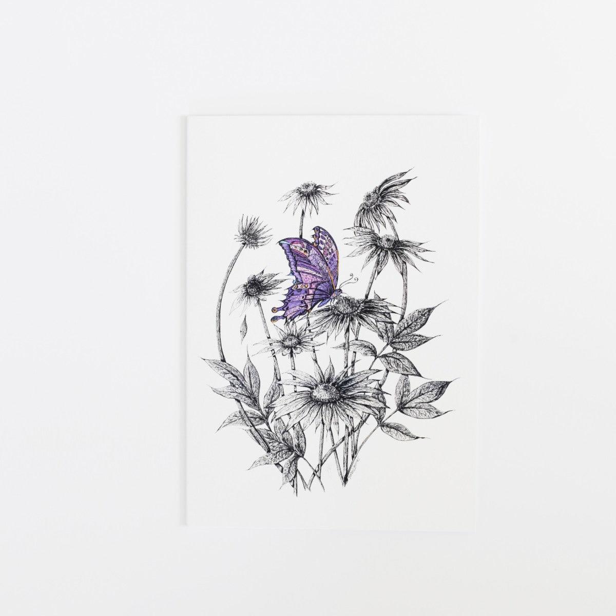 greetings card with purple illustration of a butterfly